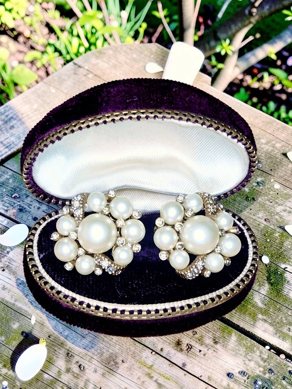 Vintage Statement Gold-Tone Faux Pearl & Rhinestone Cluster Wingback Earrings